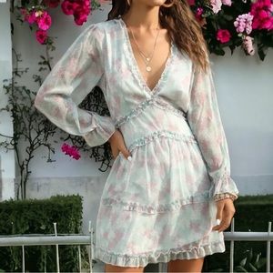 Boho Ruffle Mini Dress with Open Back Long Sleeve Mint Green - XL​